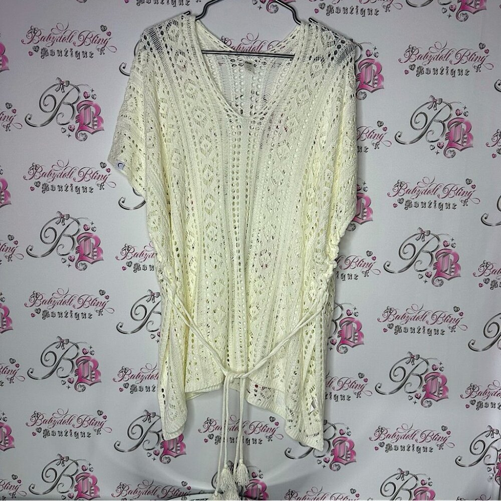 Zyia swimwear coverup dress knit crochet tassle belt comfy classy white cream